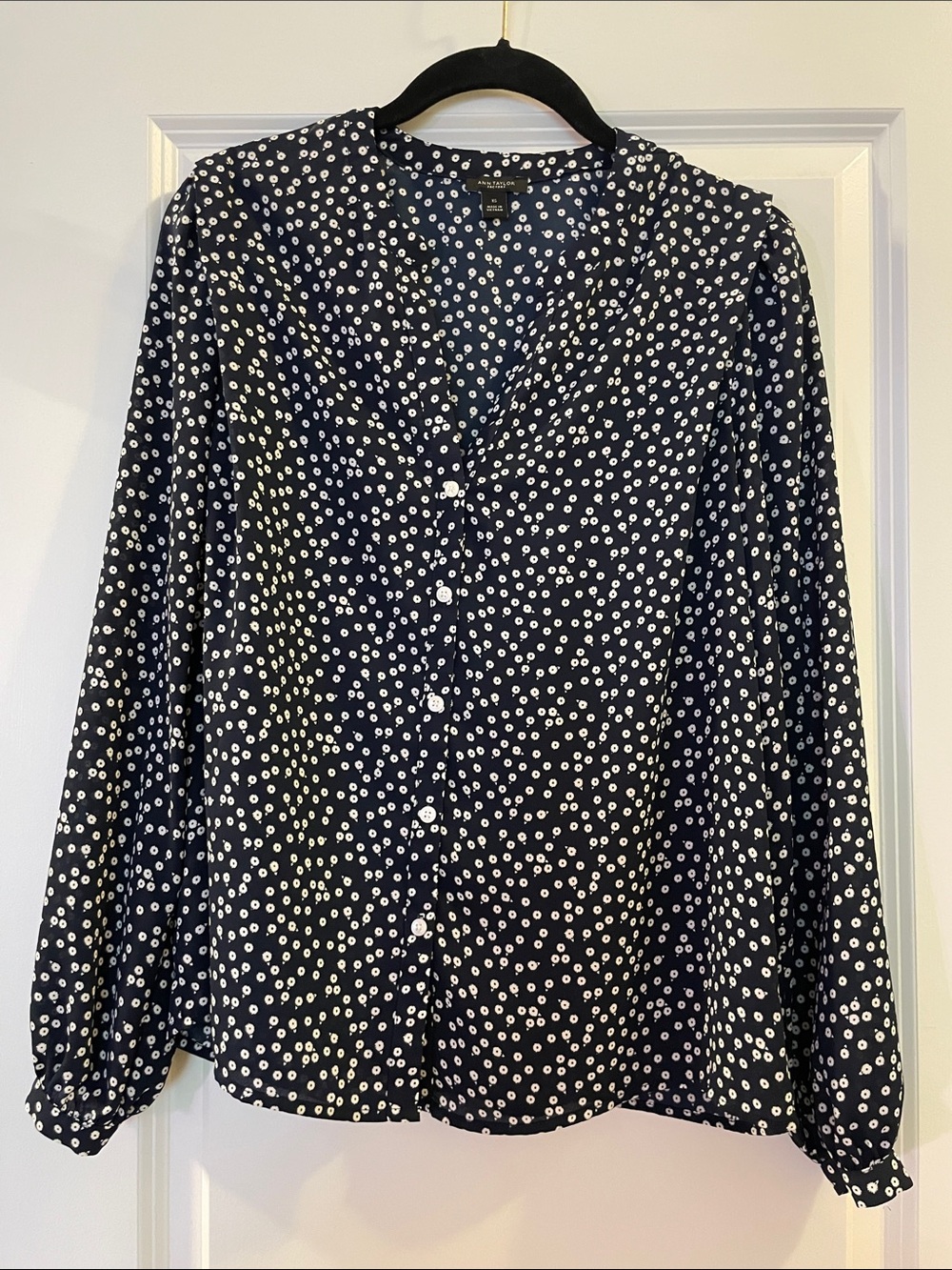 Ann Taylor Factory Navy Button-Front Floral Dot Blouse